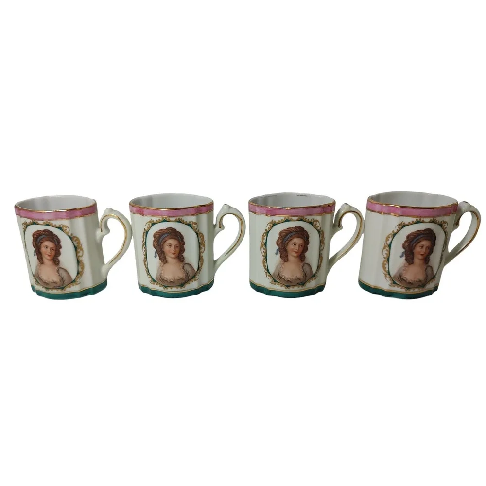 Vintage Royal Vienna Chocolate Pot with Four Cups Set Victorian Woman Pink Tea‎